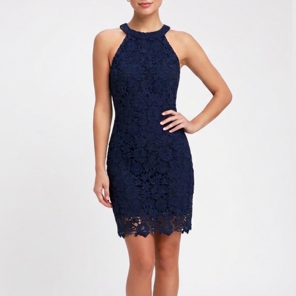 Lulu's Navy Blue Floral Lace Halter Dress